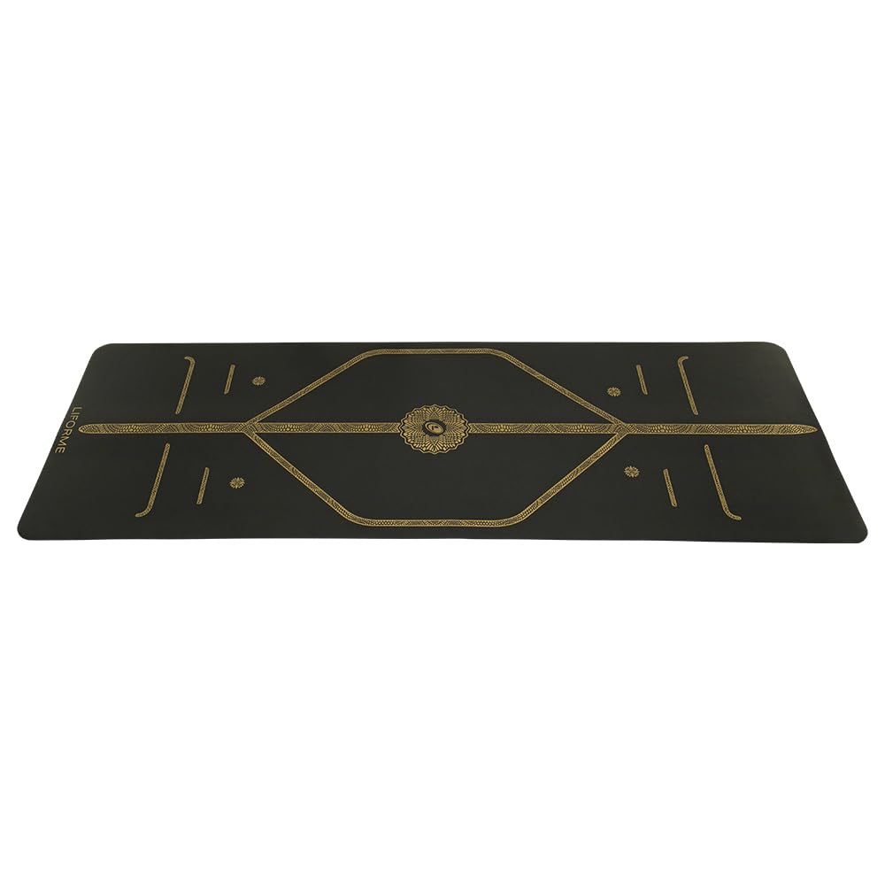 Liforme Travel Yoga mat – Patented Alignment System, Warrior-Like Grip, Non-Slip, Eco-Friendly, Ultra-Lightweight and Sweat Resistant, Made with Natural Rubber (Black & Gold)