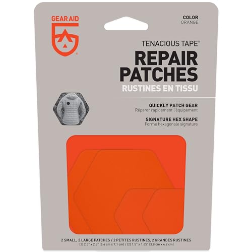 GEAR AID Tenacious Tape Hex 2.5” and 1.5” Shapes, Micro-Ripstop Outdoor Fabric Repair Patches, Peel-and-Stick to Fix Holes and Burns in Down Jackets, Rain Gear, Tents, Tarps, Orange, 8 Patches