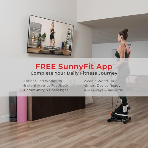Sunny Health & Fitness Smart Twist Stepper with Resistance Bands, Bluetooth App Connectivity, Adjustable Step Height, 300 LB Capacity, Compact Mini Stair Step Machine