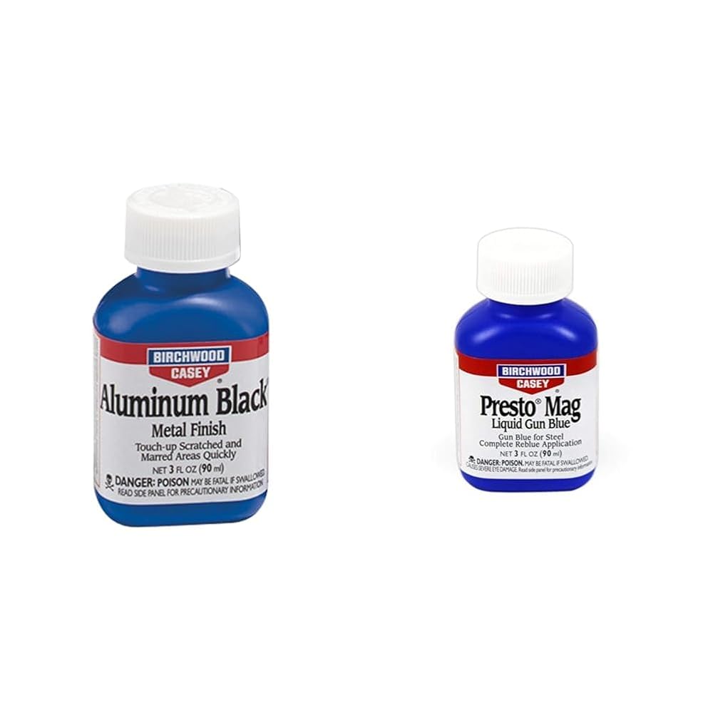 Birchwood Casey Aluminum Black Touch-Up 3 Oz & Presto Mag Liquid Gun Blue for Steel Complete Reblue Application, Gun Maintenance and Preservation, 3 Ounce (90ml)
