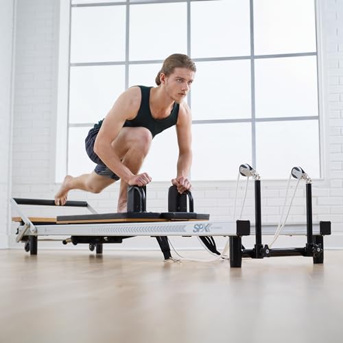 Merrithew™ At Home SPX® Reformer Package with Reformer Box, Footstrap, Padded Platform Extender and Metal Roll-up Pole – Pilates Workouts at Home(BLACK)