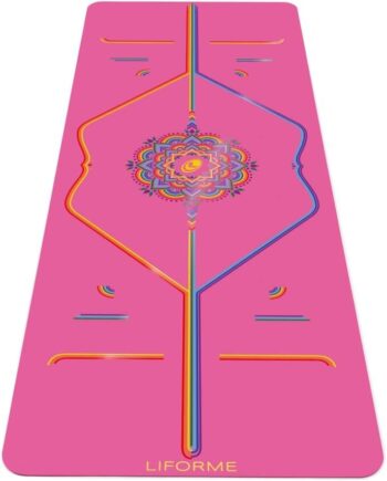 LIFORME Printed Travel Yoga mat – Free Yoga Bag, Patented Alignment System, Warrior-Like Grip, Nonslip, Eco-Friendly, Ultra-Lightweight, Sweat Resistant, Long, Wide and Thick – Pink