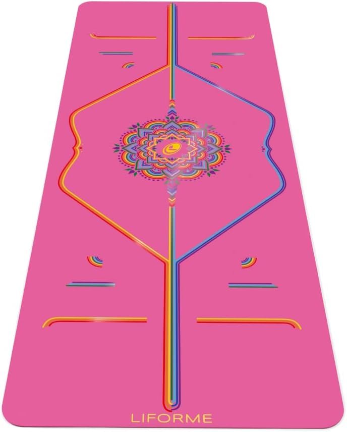 LIFORME Printed Travel Yoga mat – Free Yoga Bag, Patented Alignment System, Warrior-Like Grip, Nonslip, Eco-Friendly, Ultra-Lightweight, Sweat Resistant, Long, Wide and Thick – Pink