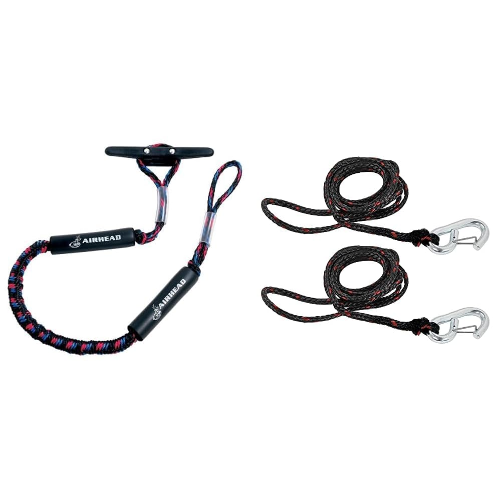 AIRHEAD AHDL-4 Bungee Dockline 4 Feet, Black/Blue/Red & Extreme Max 3006.6634 PWC 7' Dock Line with Zinc-Plated Snap Hook - Value 2-Pack