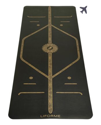 Liforme Travel Yoga mat – Patented Alignment System, Warrior-Like Grip, Non-Slip, Eco-Friendly, Ultra-Lightweight and Sweat Resistant, Made with Natural Rubber (Black & Gold)