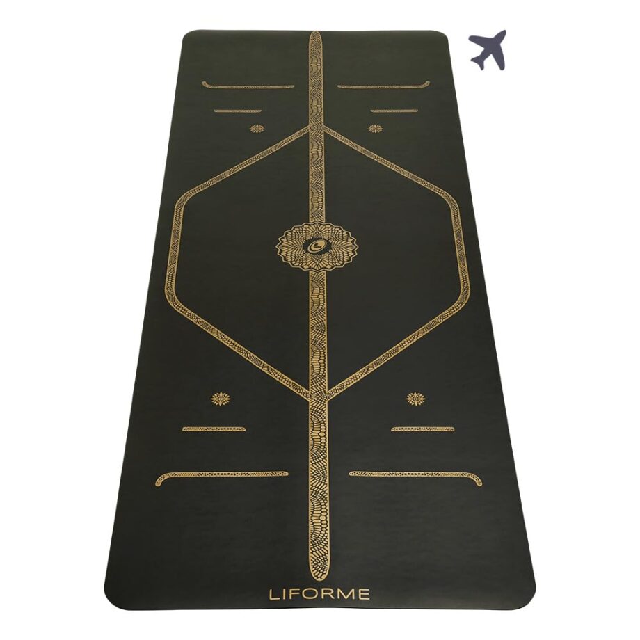 Liforme Travel Yoga mat – Patented Alignment System, Warrior-Like Grip, Non-Slip, Eco-Friendly, Ultra-Lightweight and Sweat Resistant, Made with Natural Rubber (Black & Gold)