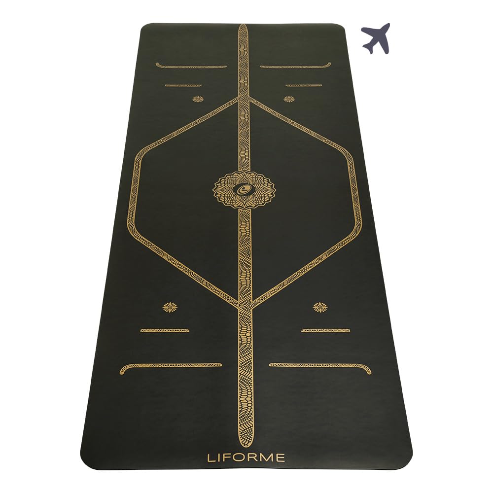 Liforme Travel Yoga mat – Patented Alignment System, Warrior-Like Grip, Non-Slip, Eco-Friendly, Ultra-Lightweight and Sweat Resistant, Made with Natural Rubber (Black & Gold)