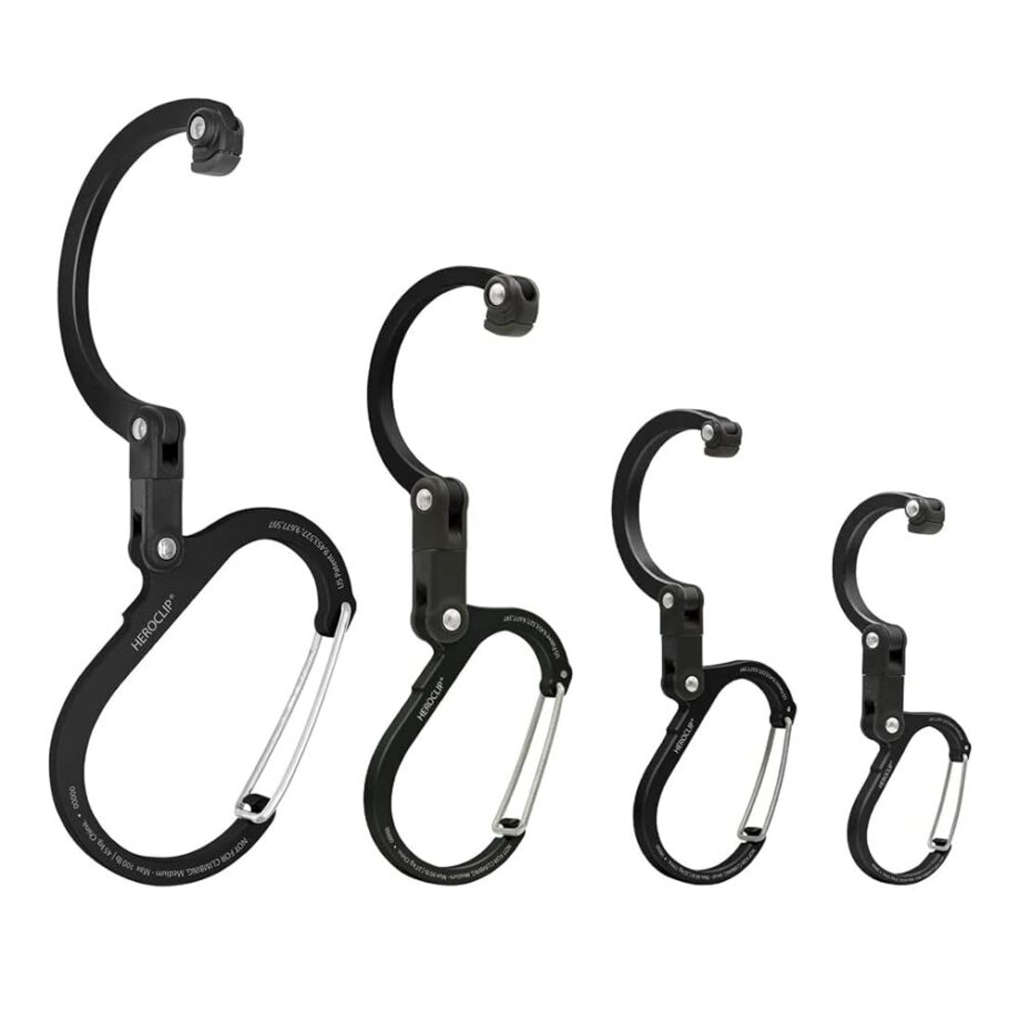 GEAR AID HEROCLIP Carabiner Gear Clip and Hook (Large, Medium, Small, Mini) for Camping, Backpack, Suitcases, Purse and Garage Organization, Stealth Black, Variety Size 4 Pack