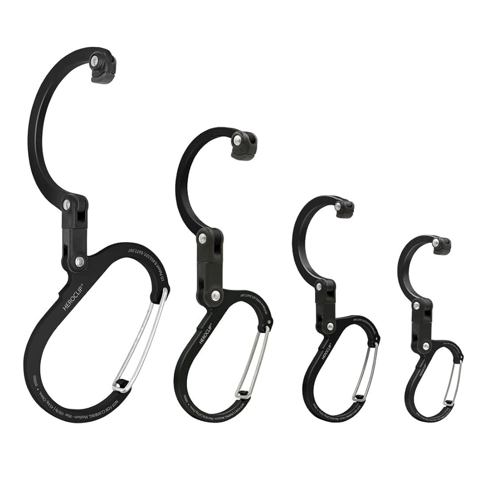 GEAR AID HEROCLIP Carabiner Gear Clip and Hook (Large, Medium, Small, Mini) for Camping, Backpack, Suitcases, Purse and Garage Organization, Stealth Black, Variety Size 4 Pack