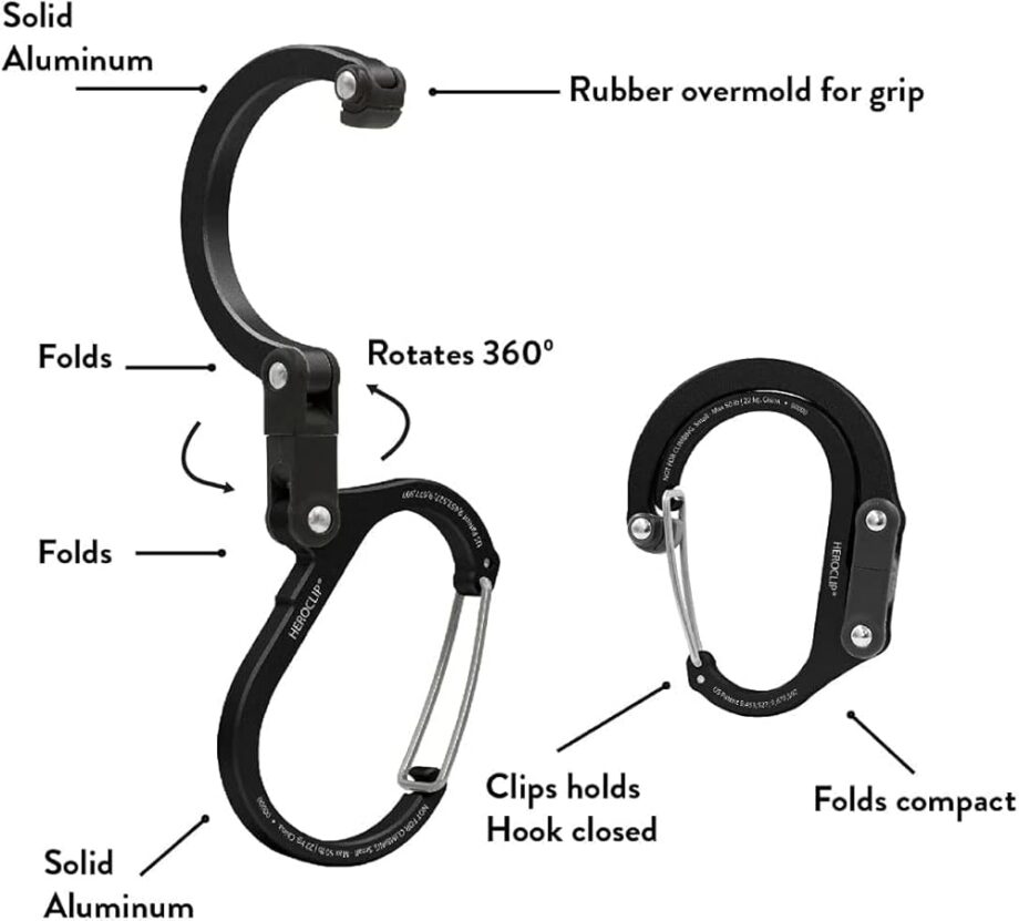 GEAR AID HEROCLIP Carabiner Gear Clip and Hook (Medium) for Camping, Backpack, and Garage Organization, Stealth Black
