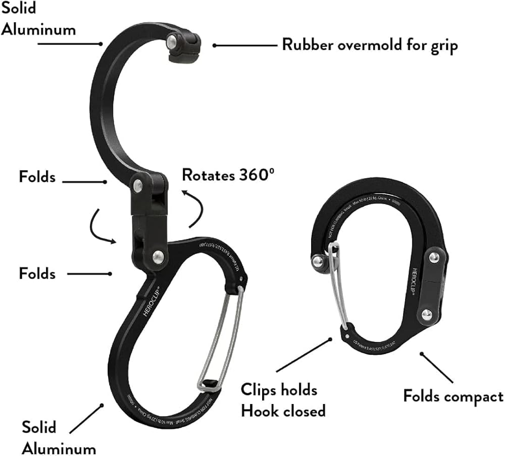 GEAR AID HEROCLIP Carabiner Gear Clip and Hook (Medium) for Camping, Backpack, and Garage Organization, Stealth Black