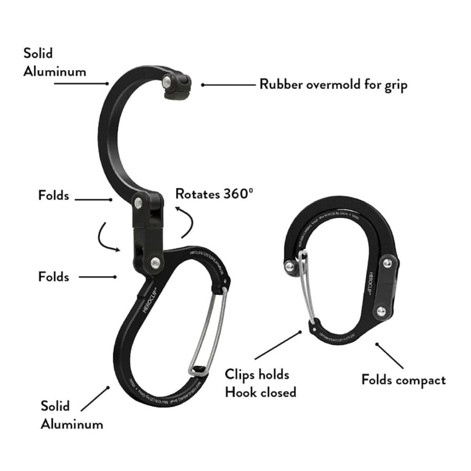 GEAR AID HEROCLIP Carabiner Gear Clip and Hook (Large, Medium, Small, Mini) for Camping, Backpack, Suitcases, Purse and Garage Organization, Stealth Black, Variety Size 4 Pack
