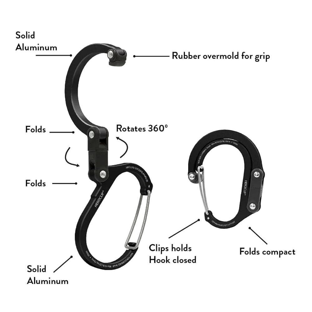 GEAR AID HEROCLIP Carabiner Gear Clip and Hook (Large, Medium, Small, Mini) for Camping, Backpack, Suitcases, Purse and Garage Organization, Stealth Black, Variety Size 4 Pack