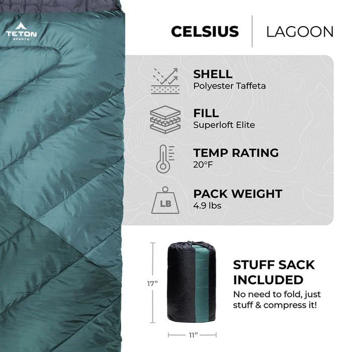 Teton Celsius Regular 20F Degree Sleeping Bag - All-Weather Sleeping Bag for Adults and Kids - Camping Made Easy and Warm - Compression Sack Included