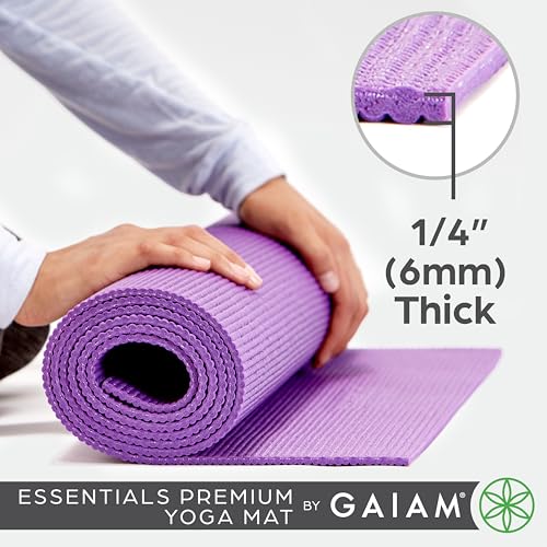 Gaiam Essentials Premium Yoga Mat with Yoga Mat Carrier Sling, Purple, 72 InchL x 24 InchW x 1/4 Inch Thick