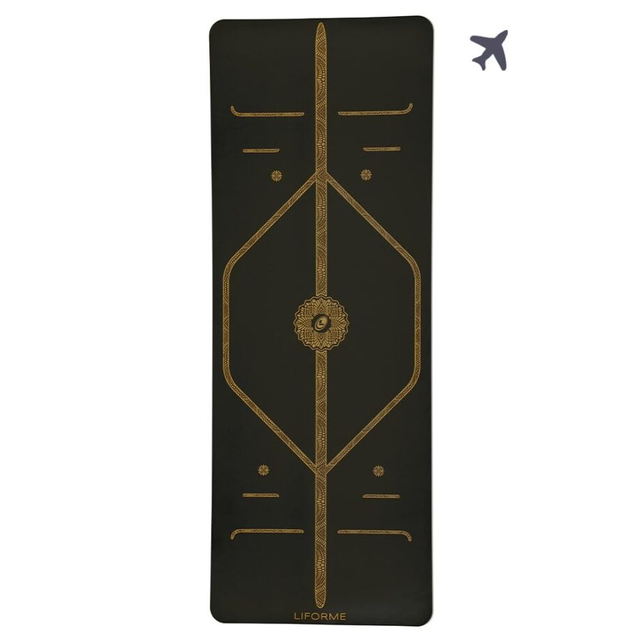 Liforme Travel Yoga mat – Patented Alignment System, Warrior-Like Grip, Non-Slip, Eco-Friendly, Ultra-Lightweight and Sweat Resistant, Made with Natural Rubber (Black & Gold)