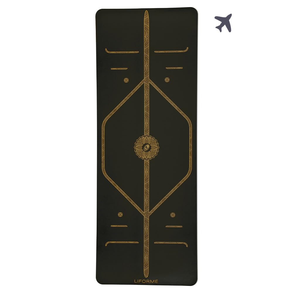 Liforme Travel Yoga mat – Patented Alignment System, Warrior-Like Grip, Non-Slip, Eco-Friendly, Ultra-Lightweight and Sweat Resistant, Made with Natural Rubber (Black & Gold)