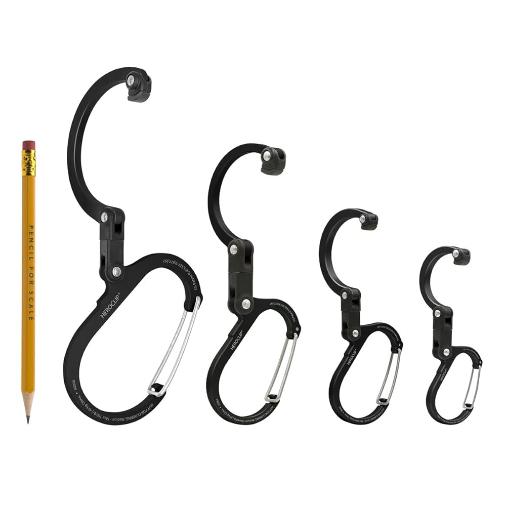 GEAR AID HEROCLIP Carabiner Gear Clip and Hook (Large, Medium, Small, Mini) for Camping, Backpack, Suitcases, Purse and Garage Organization, Stealth Black, Variety Size 4 Pack