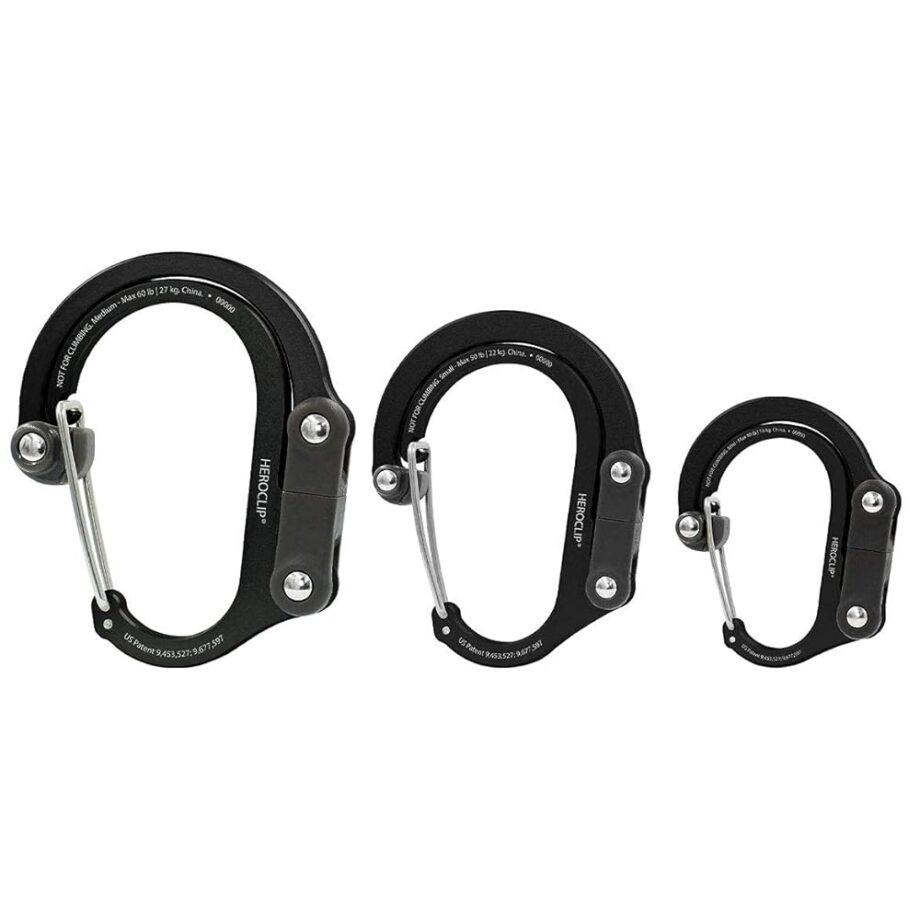 GEAR AID HEROCLIP Carabiner Gear Clip and Hook (Medium, Small, Mini) for Camping, Backpack, Suitcases, Purse and Garage Organization, Stealth Black, Variety Size 3 Pack