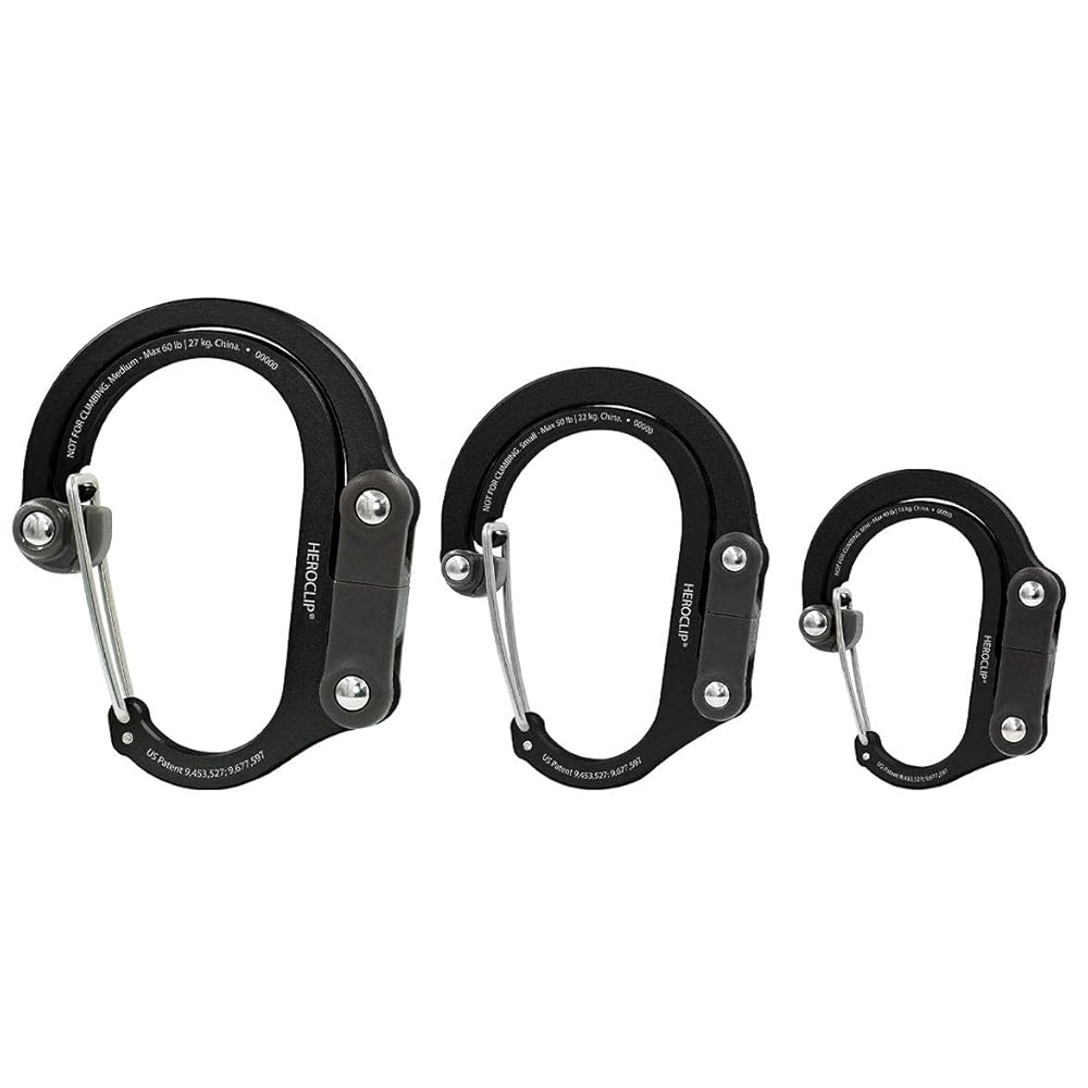 GEAR AID HEROCLIP Carabiner Gear Clip and Hook (Medium, Small, Mini) for Camping, Backpack, Suitcases, Purse and Garage Organization, Stealth Black, Variety Size 3 Pack