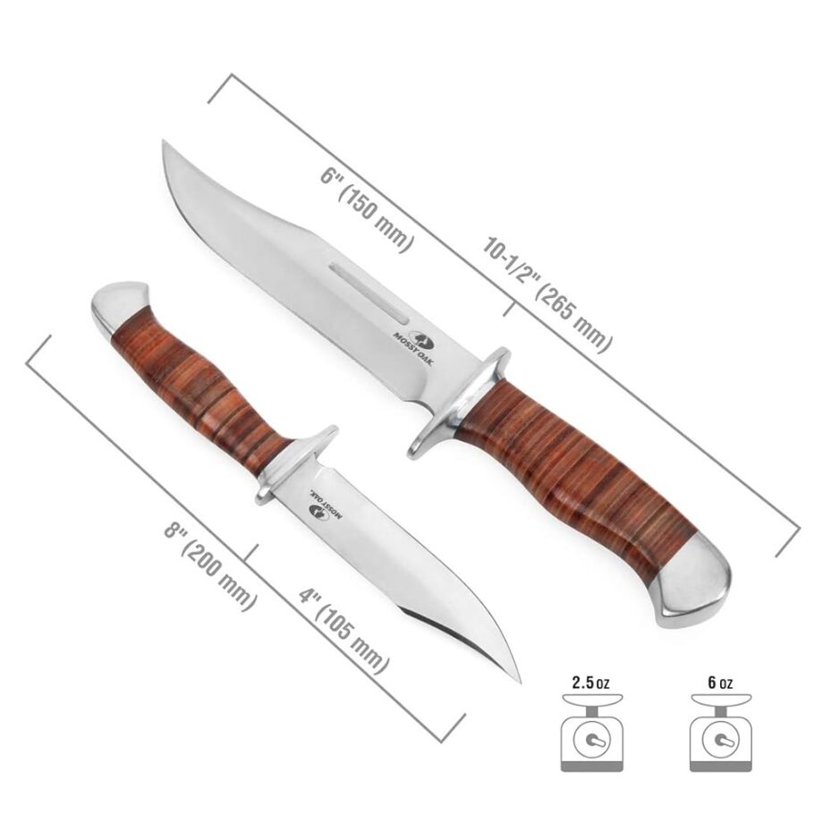 MOSSY OAK 2-piece Bowie Knife, Fixed Blade Hunting Knife with Leather Handle, Sheath Included