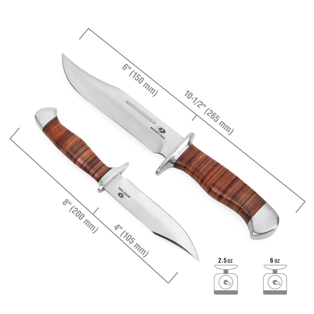 MOSSY OAK 2-piece Bowie Knife, Fixed Blade Hunting Knife with Leather Handle, Sheath Included