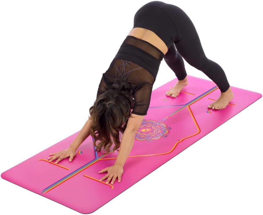LIFORME Printed Travel Yoga mat – Free Yoga Bag, Patented Alignment System, Warrior-Like Grip, Nonslip, Eco-Friendly, Ultra-Lightweight, Sweat Resistant, Long, Wide and Thick – Pink
