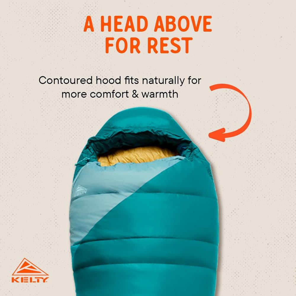Kelty Cosmic 20 Degree 550 Down Fill Sleeping Bag for 3 Season Camping, Premium Thermal Efficiency, Soft to Touch, Large Footbox, Compression Stuff Sack (Women’s)