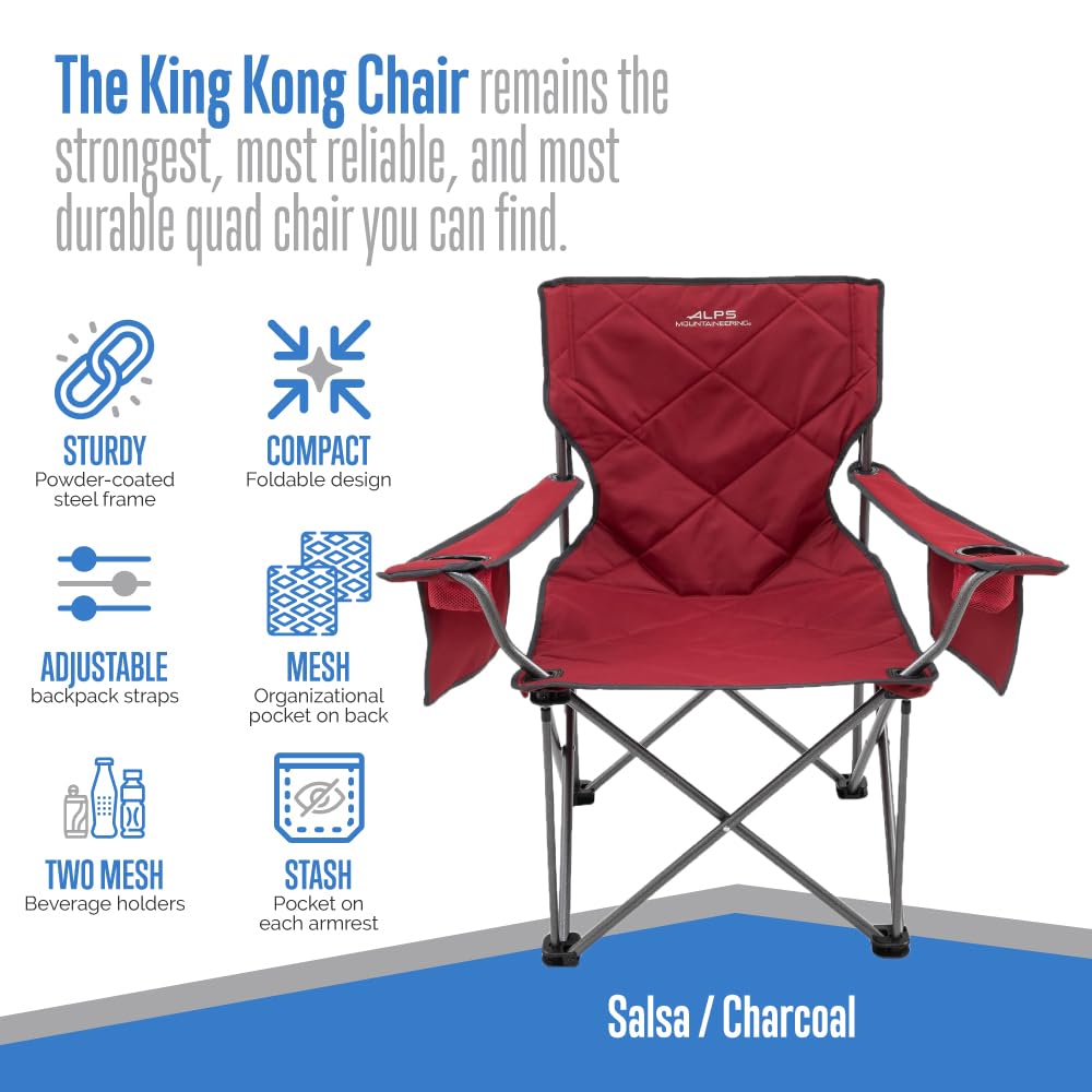 ALPS Mountaineering King Kong Camping Chairs for Adults with Mesh Cup Holders and Pockets, Built Durable and Reliable with Compact Foldable Steel Frame, Salsa/Charcoal
