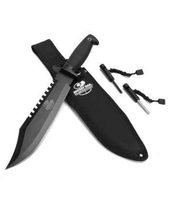 Mossy Oak Survival Hunting Knife with Sheath, 15-inch Fixed Blade Tactical Bowie Knife with Sharpener & Fire Starter for Camping, Outdoor, Bushcraft