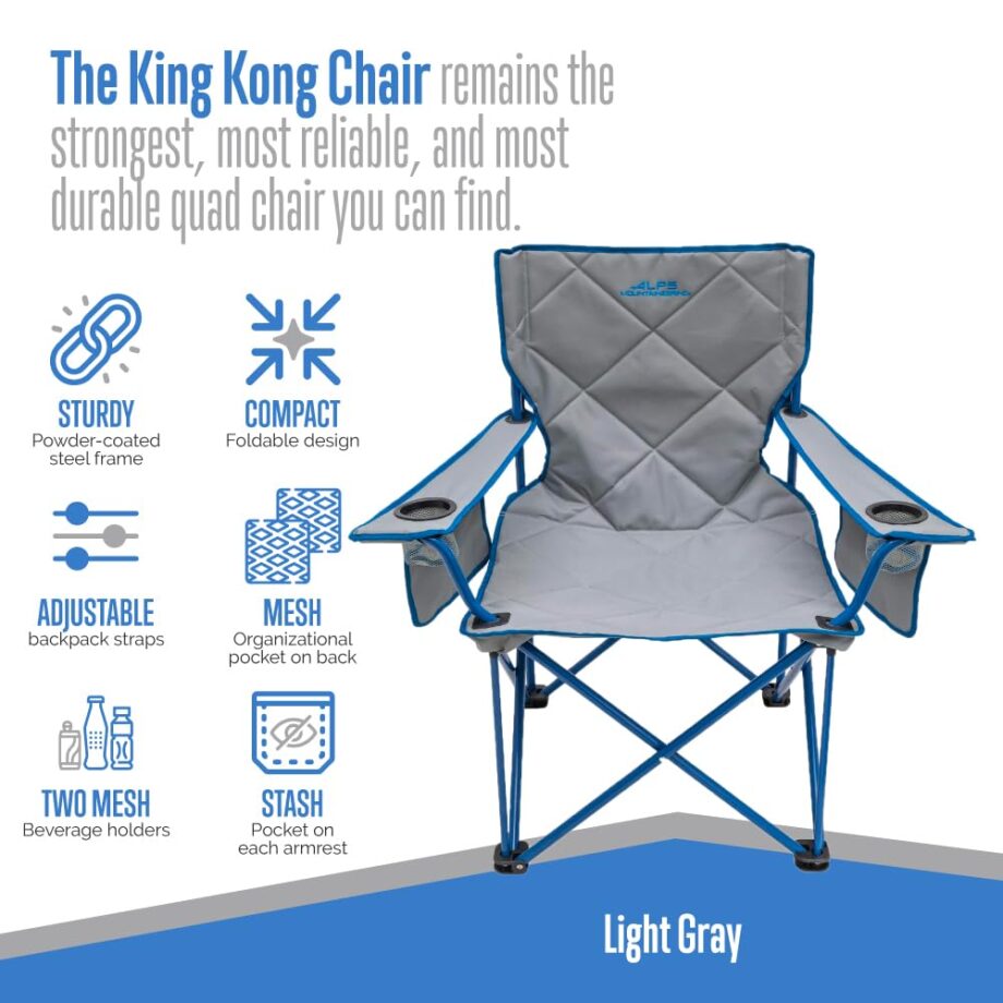ALPS Mountaineering King Kong Camping Chairs for Adults with Mesh Cup Holders and Pockets, Built Durable and Reliable with Compact Foldable Steel Frame, Light Gray