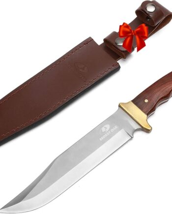 Mossy Oak 14-inch Bowie Knife, Full-tang Fixed Blade, Wood Handle Hunting Knife with Leather Sheath for Camping, Hiking, Survival