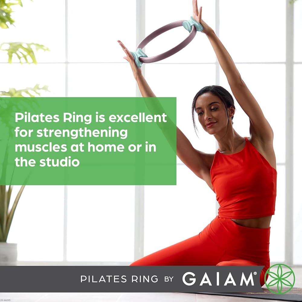Gaiam Pilates Ring 12" Fitness Circle - Lightweight & Durable Foam Padded Handles | Flexible Resistance Exercise Equipment for Toning Arms, Thighs/Legs & Core, Dusty Pink/Seafoam