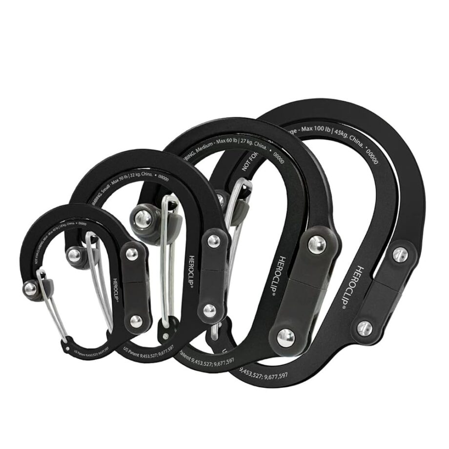 GEAR AID HEROCLIP Carabiner Gear Clip and Hook (Large, Medium, Small, Mini) for Camping, Backpack, Suitcases, Purse and Garage Organization, Stealth Black, Variety Size 4 Pack