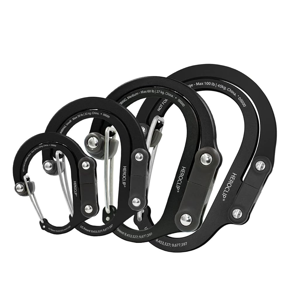 GEAR AID HEROCLIP Carabiner Gear Clip and Hook (Large, Medium, Small, Mini) for Camping, Backpack, Suitcases, Purse and Garage Organization, Stealth Black, Variety Size 4 Pack