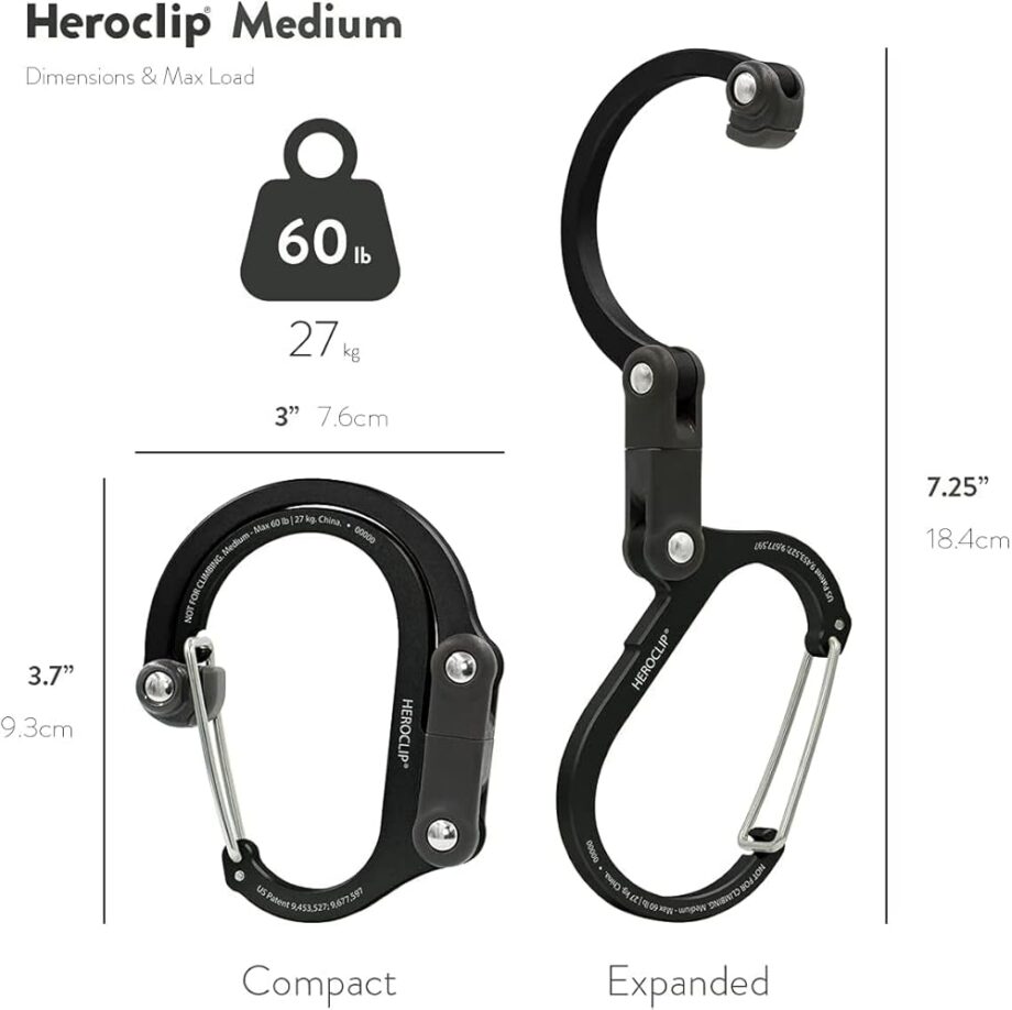 GEAR AID HEROCLIP Carabiner Gear Clip and Hook (Medium) for Camping, Backpack, and Garage Organization, Stealth Black
