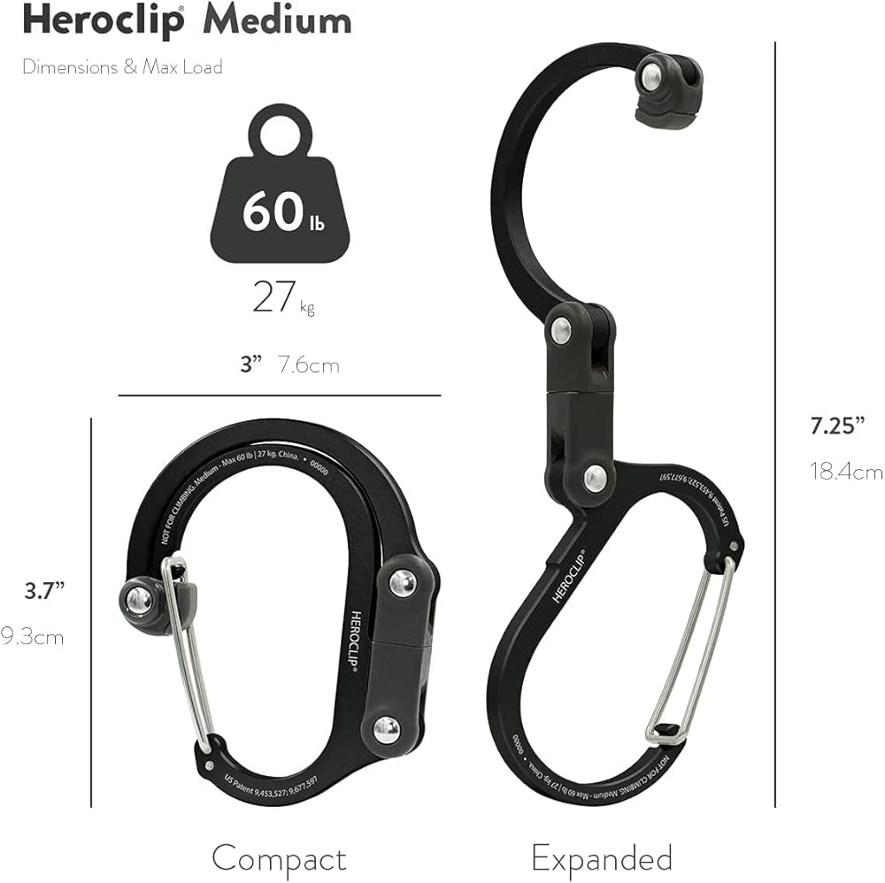 GEAR AID HEROCLIP Carabiner Gear Clip and Hook (Medium) for Camping, Backpack, and Garage Organization, Stealth Black