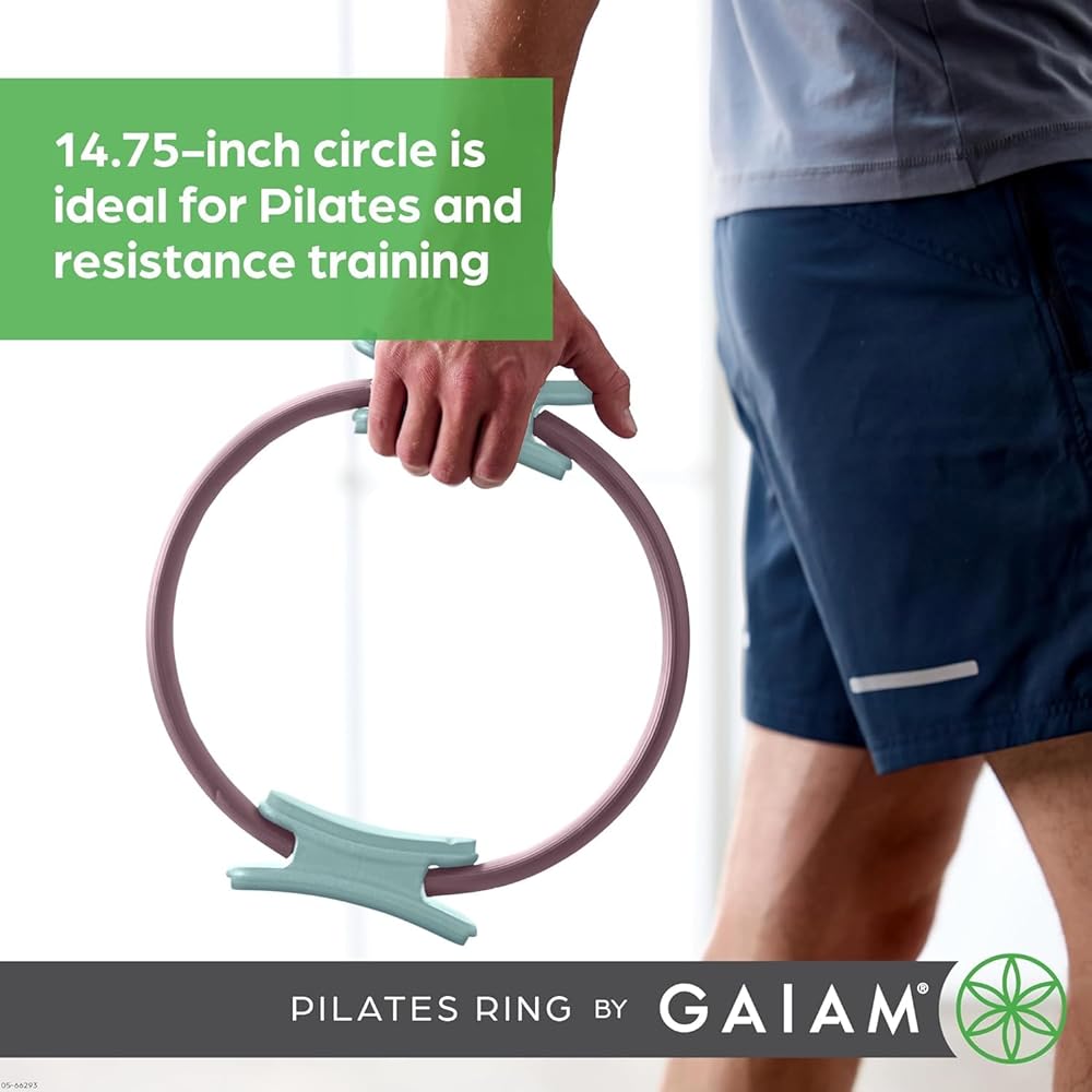 Gaiam Pilates Ring 12" Fitness Circle - Lightweight & Durable Foam Padded Handles | Flexible Resistance Exercise Equipment for Toning Arms, Thighs/Legs & Core, Dusty Pink/Seafoam
