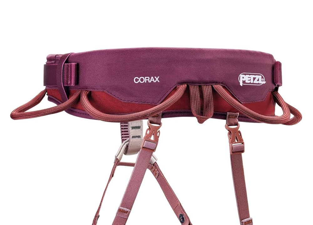 PETZL CORAX Comfortable and fully adjustable harness for gym and outdoor climbing, dual buckle waist, 2, dark red