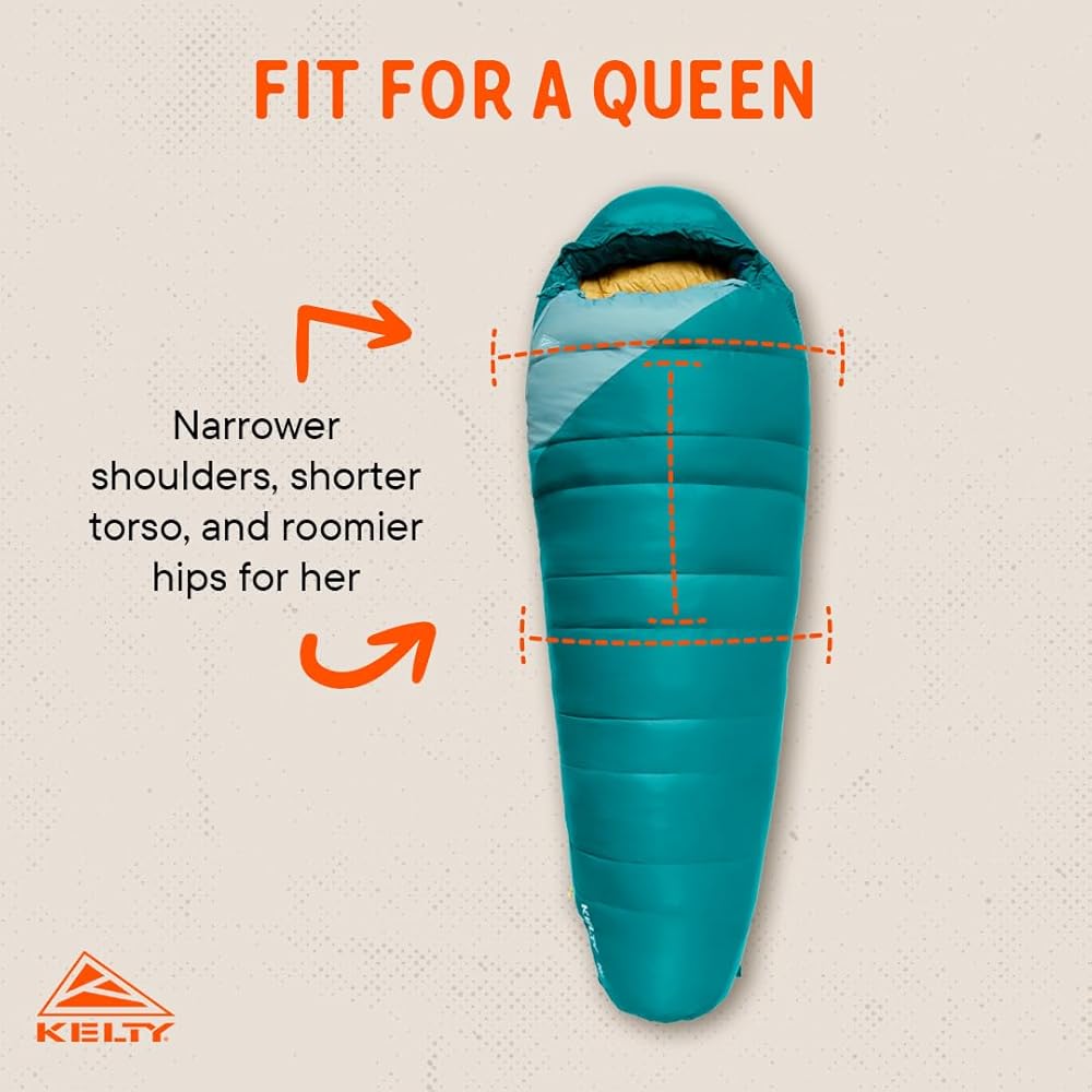 Kelty Cosmic 20 Degree 550 Down Fill Sleeping Bag for 3 Season Camping, Premium Thermal Efficiency, Soft to Touch, Large Footbox, Compression Stuff Sack (Women’s)