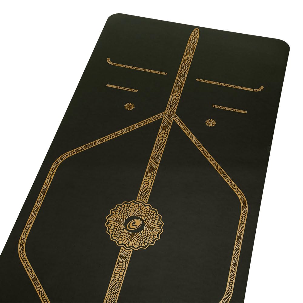 Liforme Travel Yoga mat – Patented Alignment System, Warrior-Like Grip, Non-Slip, Eco-Friendly, Ultra-Lightweight and Sweat Resistant, Made with Natural Rubber (Black & Gold)