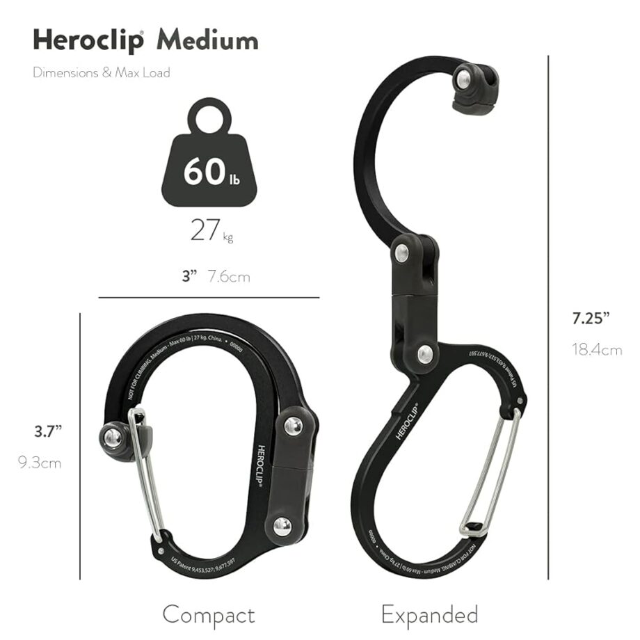 GEAR AID HEROCLIP Carabiner Gear Clip and Hook (Medium, Small, Mini) for Camping, Backpack, Suitcases, Purse and Garage Organization, Stealth Black, Variety Size 3 Pack