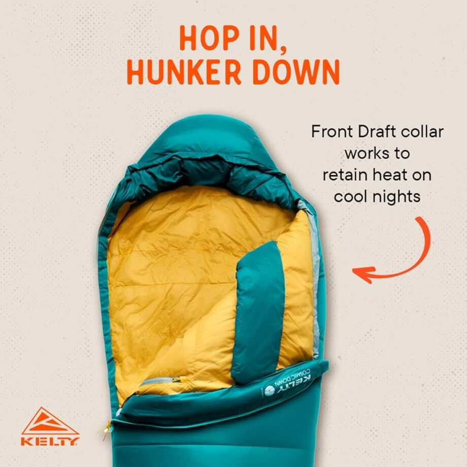 Kelty Cosmic 20 Degree 550 Down Fill Sleeping Bag for 3 Season Camping, Premium Thermal Efficiency, Soft to Touch, Large Footbox, Compression Stuff Sack (Women’s)