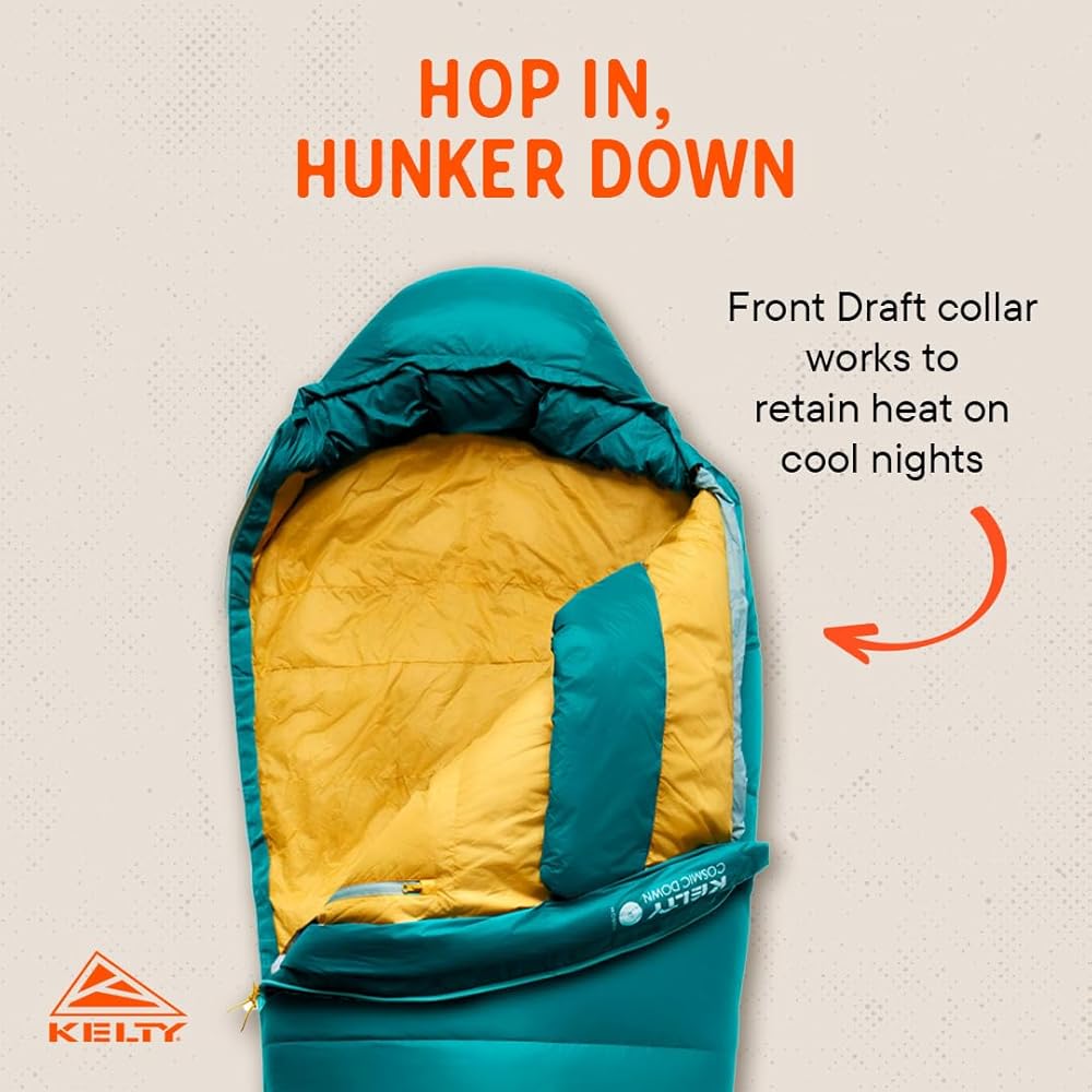 Kelty Cosmic 20 Degree 550 Down Fill Sleeping Bag for 3 Season Camping, Premium Thermal Efficiency, Soft to Touch, Large Footbox, Compression Stuff Sack (Women’s)