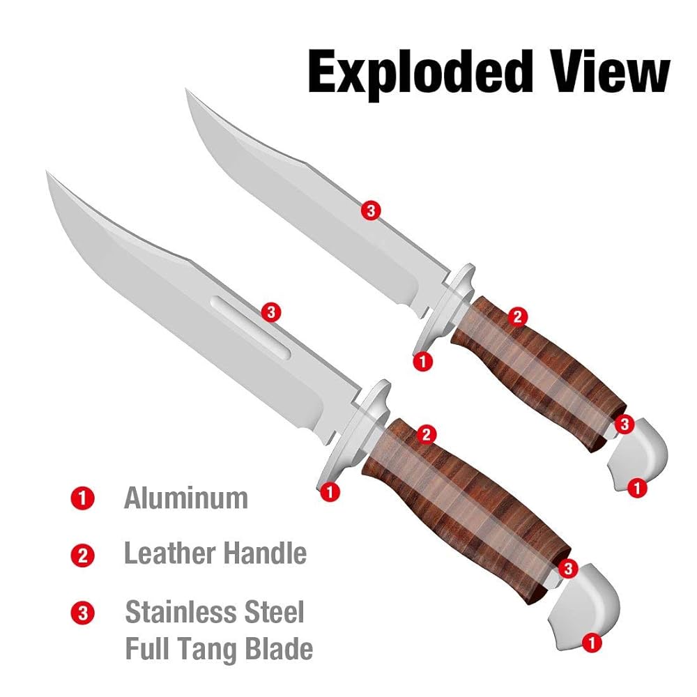 MOSSY OAK 2-piece Bowie Knife, Fixed Blade Hunting Knife with Leather Handle, Sheath Included