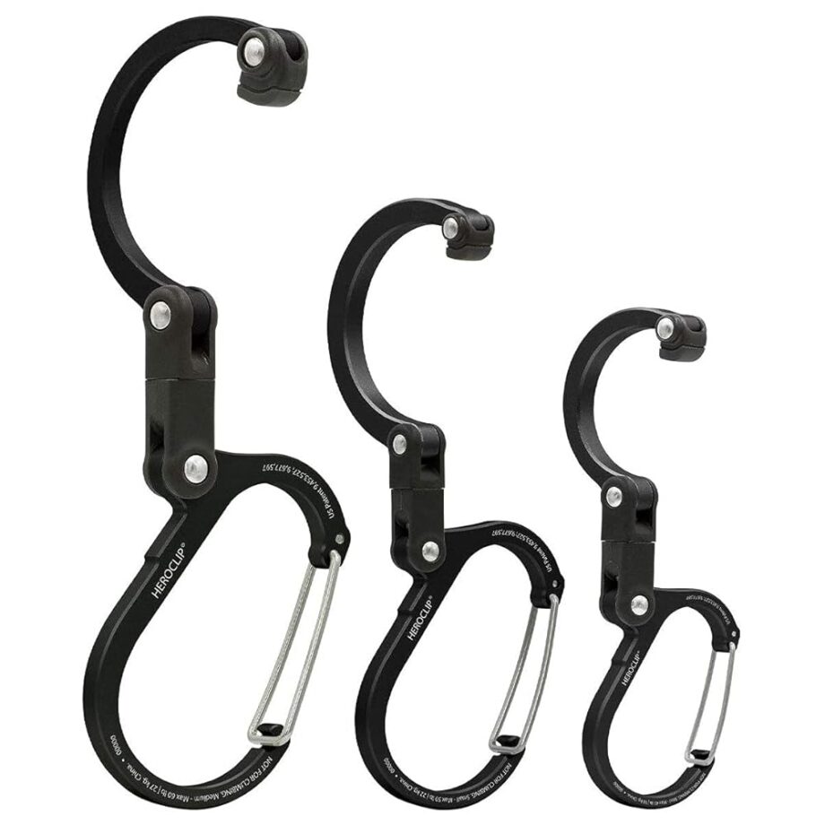 GEAR AID HEROCLIP Carabiner Gear Clip and Hook (Medium, Small, Mini) for Camping, Backpack, Suitcases, Purse and Garage Organization, Stealth Black, Variety Size 3 Pack