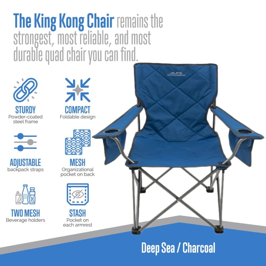 ALPS Mountaineering King Kong Camping Chairs for Adults with Mesh Cup Holders and Pockets, Built Durable and Reliable with Compact Foldable Steel Frame, Deep Sea/Charcoal