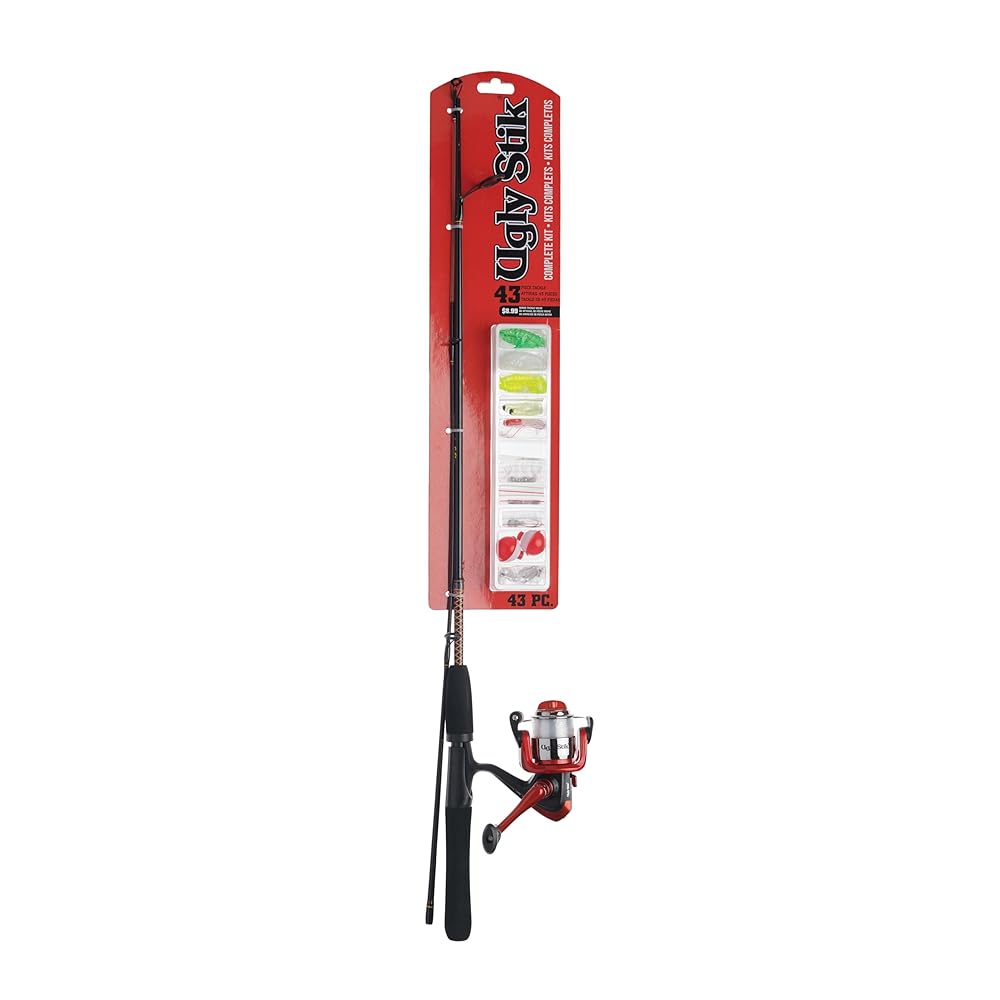 Ugly Stik 5’ Complete Spinning Kit Fishing Rod and Reel Spinning Combo, Ugly Tech Construction with Clear Tip Design, 5’ 2-Piece Rod, Red