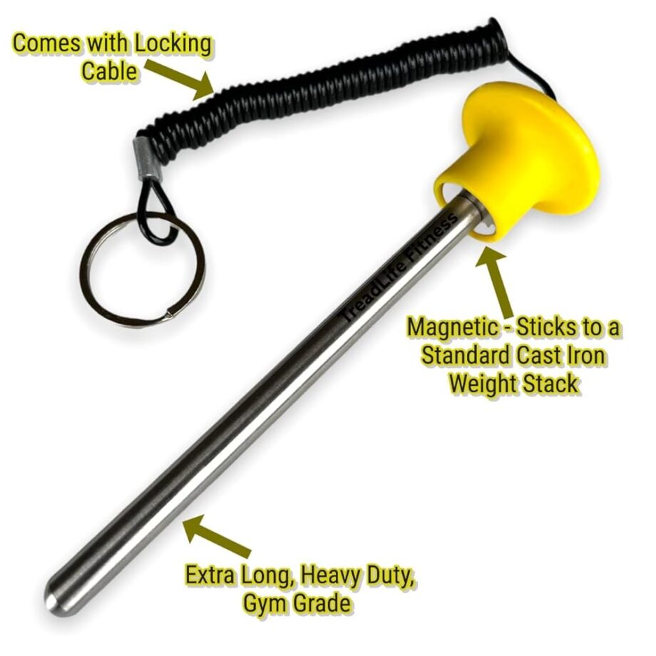 TreadLife Fitness Universal Weight Stack Pin for Commercial Gym or Home Gym | Heavy Duty Magnetic 3/8" Diameter Extra Long 5.5" Pin Insert | Health Club Grade Steel | Yellow