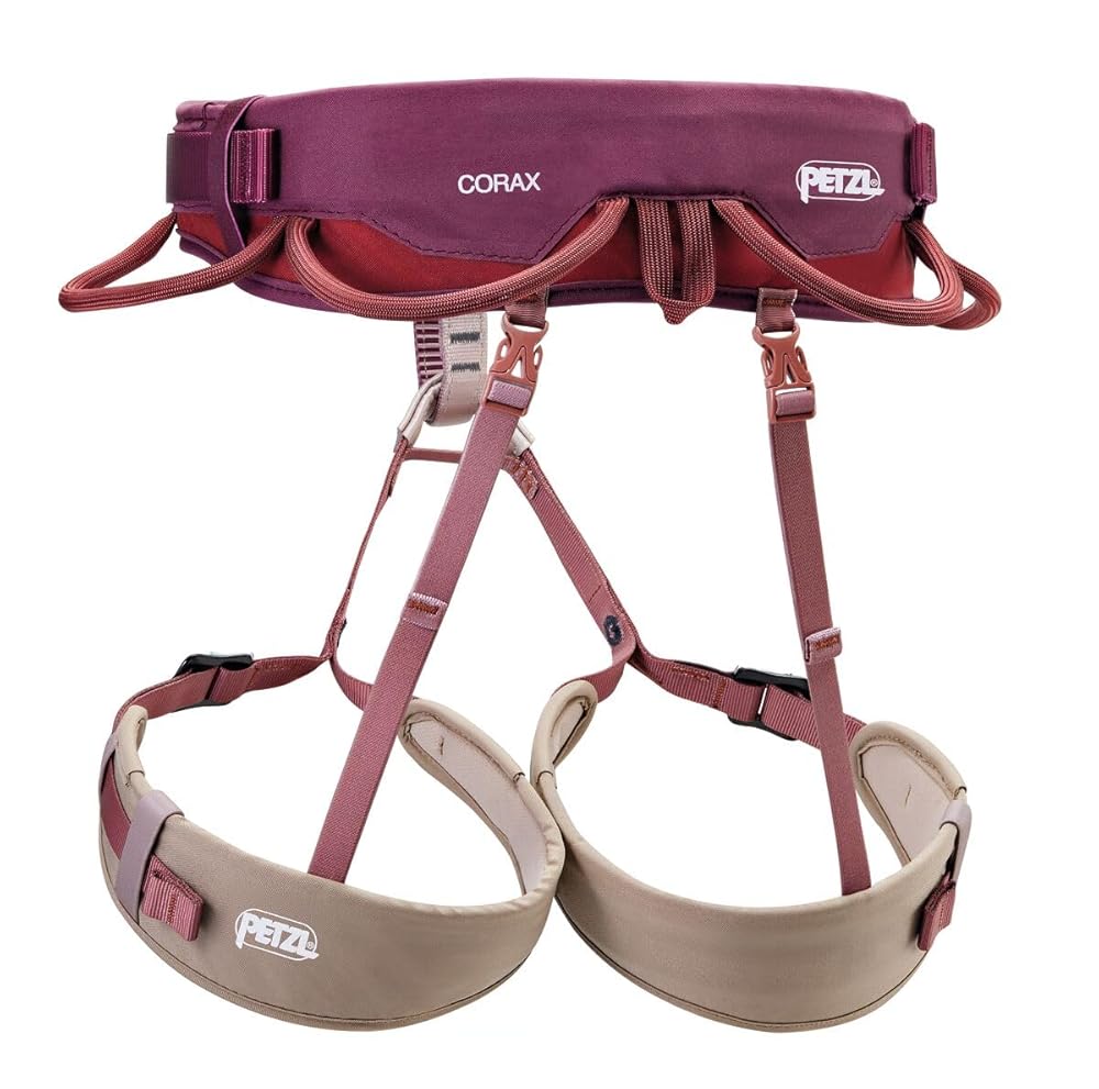 PETZL CORAX Comfortable and fully adjustable harness for gym and outdoor climbing, dual buckle waist, 1, dark red
